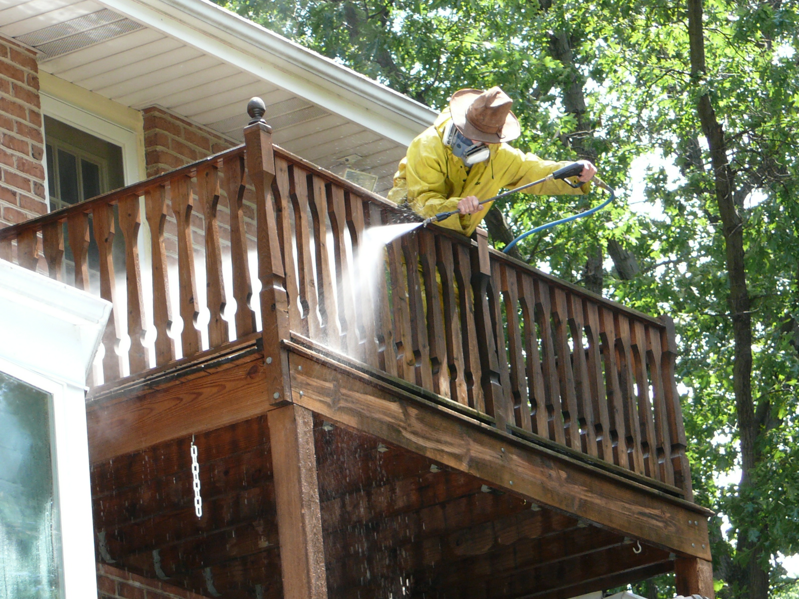 Wood deck power washing