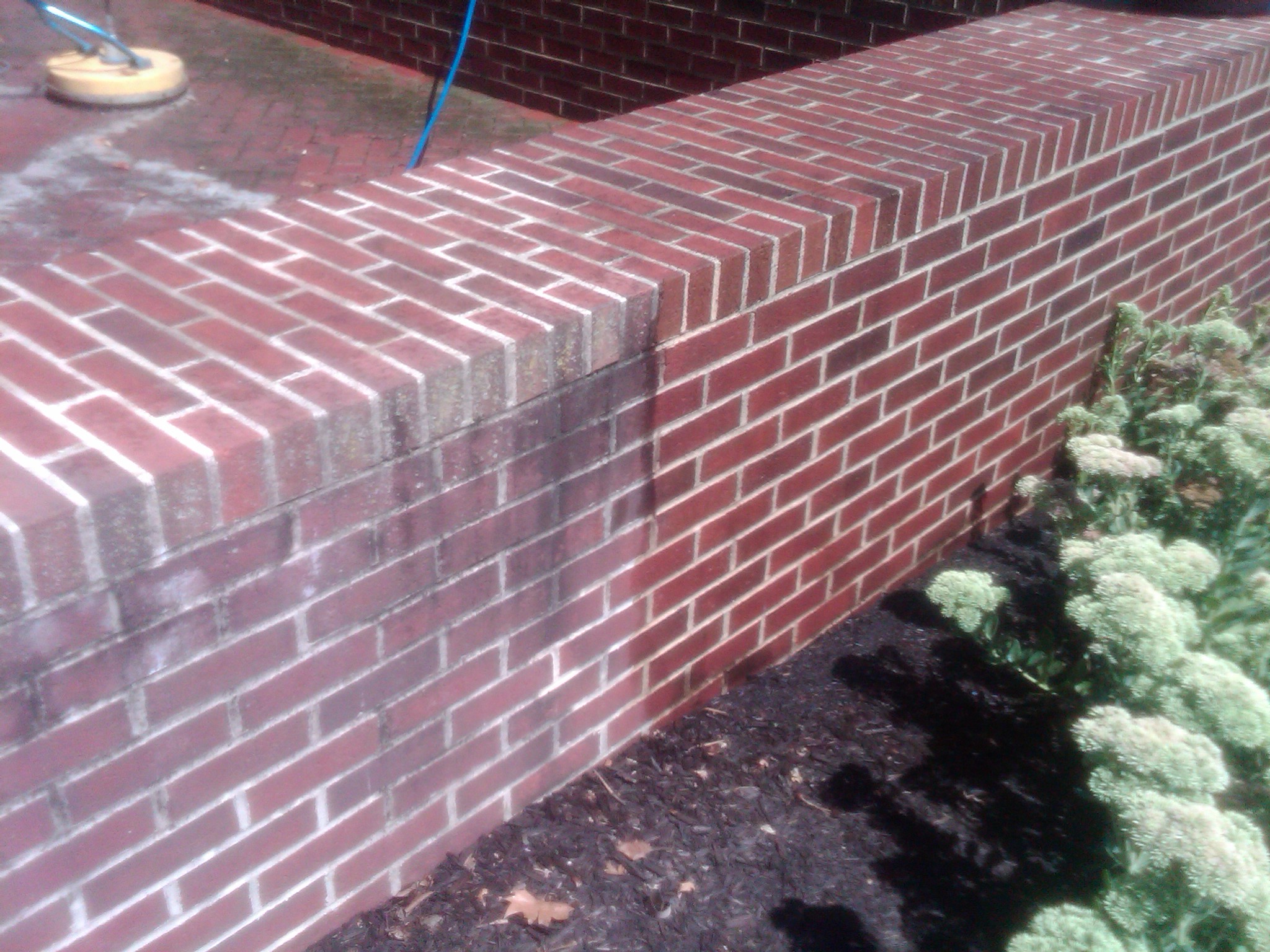Pressure washing of brick wall to clean dirty green algae.
